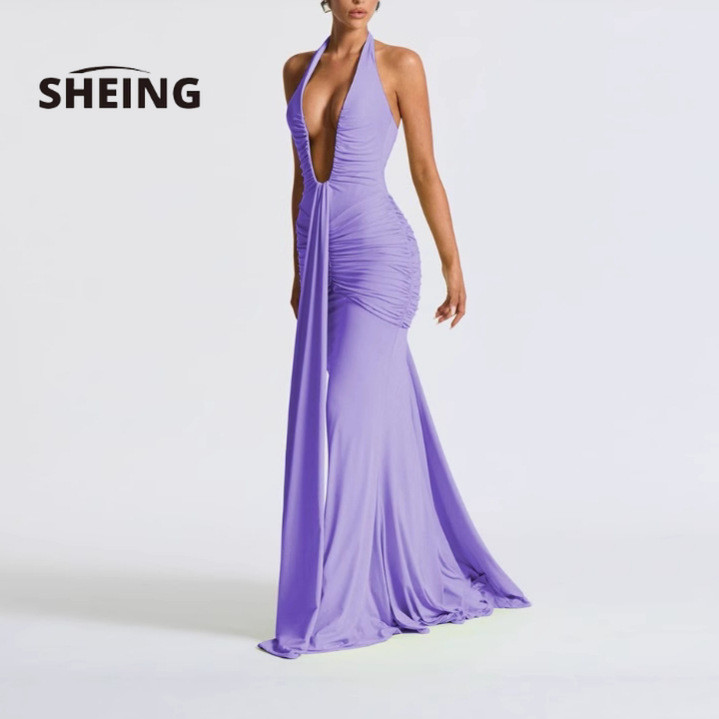SHEING Dress Panjang Wanita Leher V Pinggang Panjang Backless Streamer Maxi Dress Long Dress