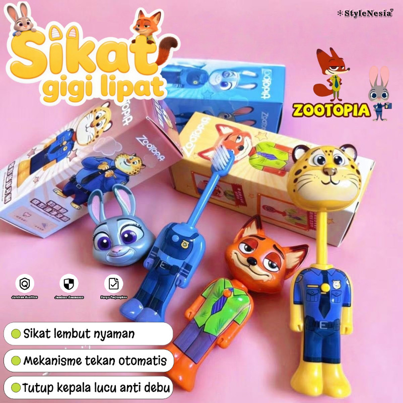 Sikat Gigi Anak Teleskopik Karakter Zootopia -Nick & Clawhauser, Bulu Lembut & Tekan untuk Perpanjan