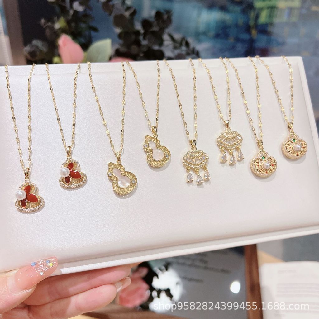Guofeng Guochao Kalung Labu Angin Cina Baru Ruyi Kunci Kalung Baja Titanium