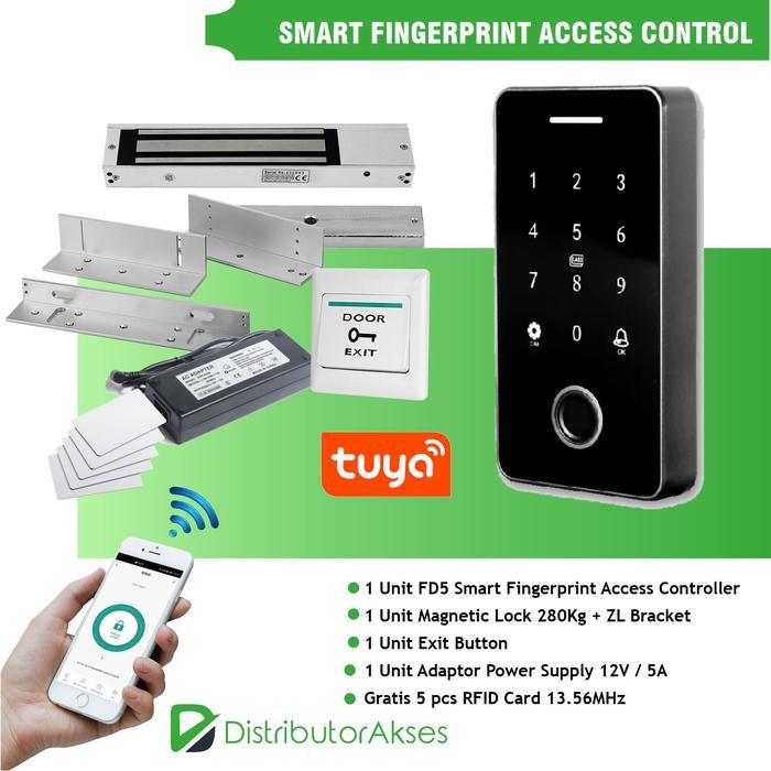 DELTONS Paket Smart Fingerprint Access Control FD5 EM Lock Pintu Akses untuk Pintu Kayu Besi Alumuni