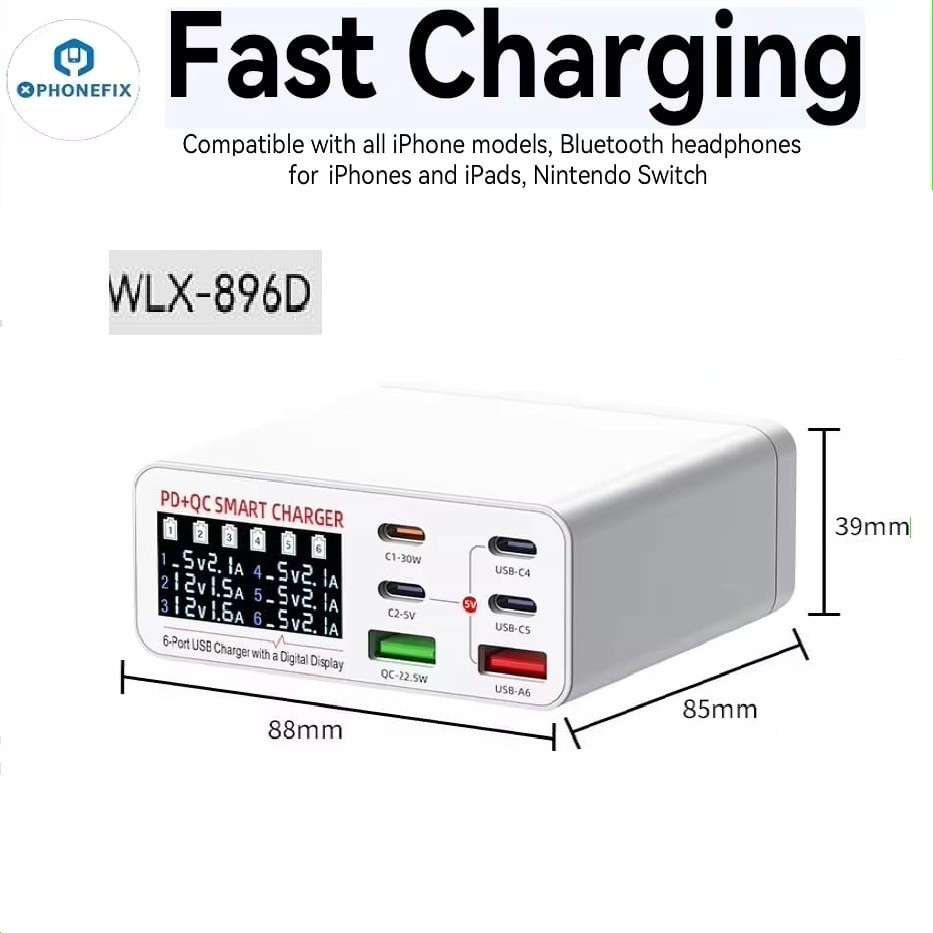GROSIRUNIK99 WLX WLX-896D Portable Smart Multi Port Digital Display Fast Charger Usb Quick Charging 
