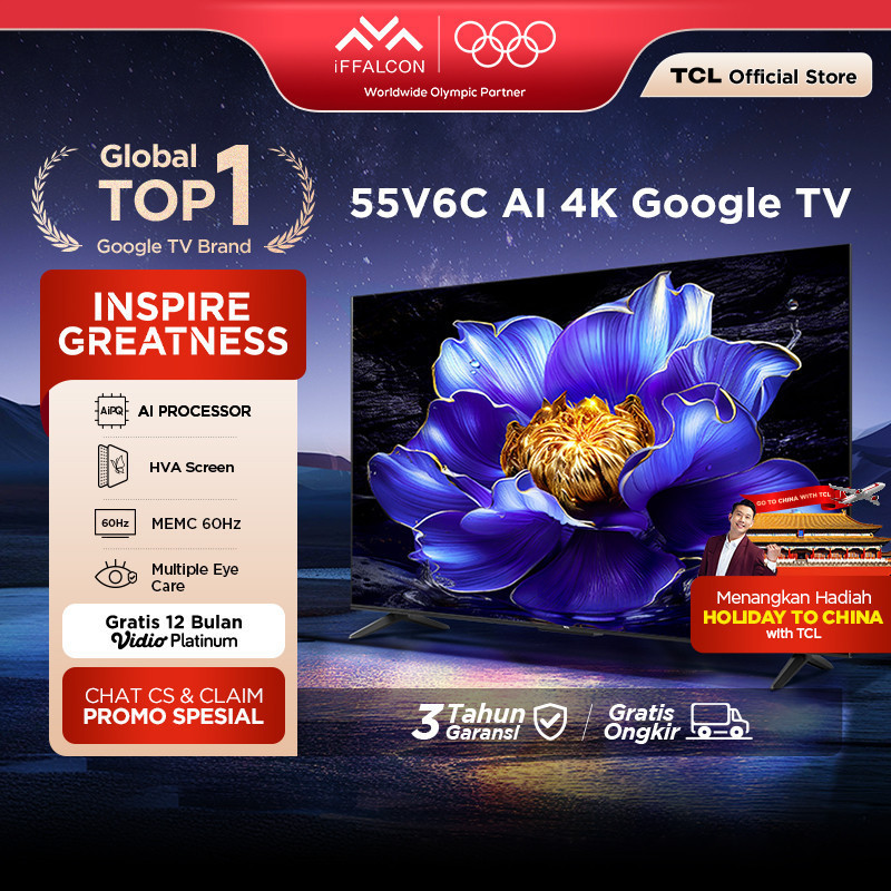 PROMO SPESIAL - TCL AI 4K Google TV 55 inch V6C - MEMC - HDR 10 - HVA Panel - Dolby Audio - Google P