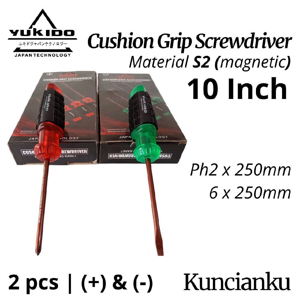 Yukido Obeng Gagang Karet plus dan min ,  Obeng Magnetic Baja S2 ph2 x 250 , obeng gagang karet 6x25