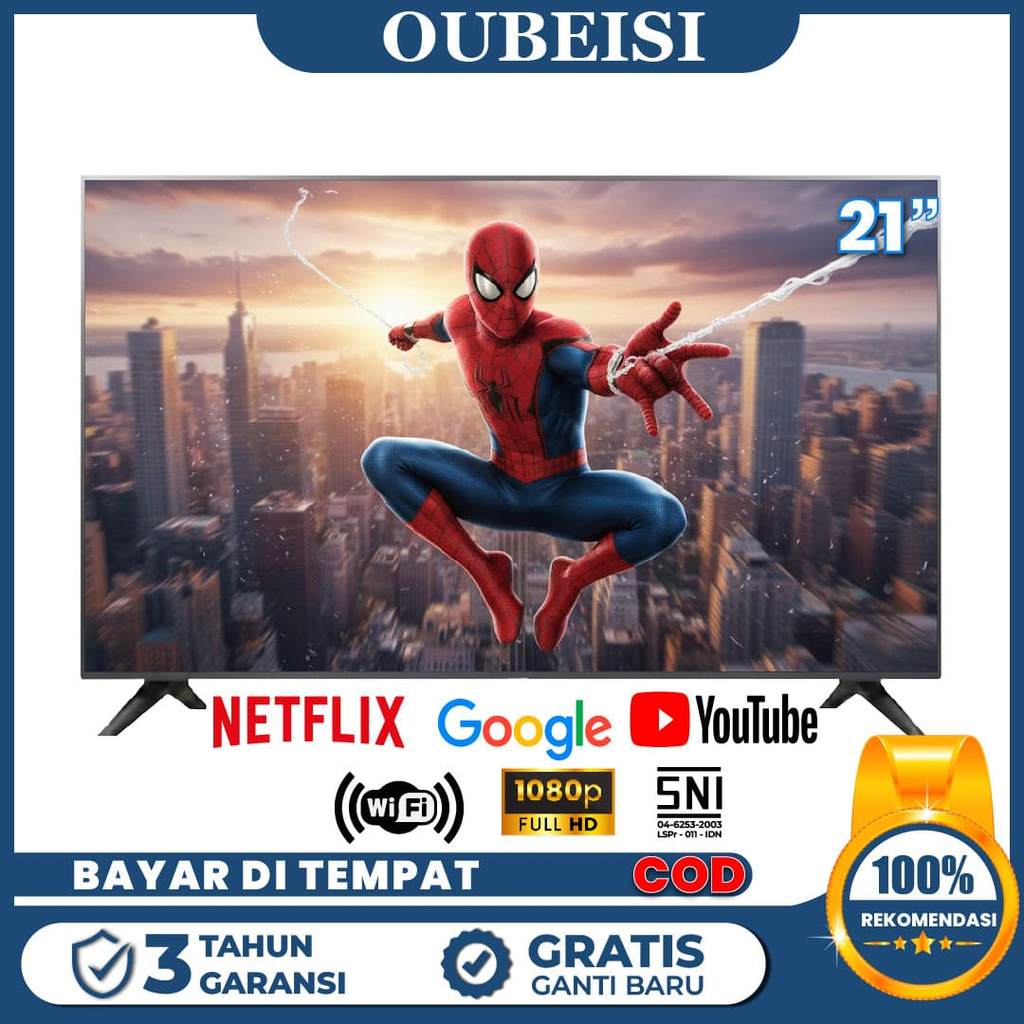 OUBEISI TV LED 21 Inch Smart TV Android 11.0 FHD 1920x1080 Resolusi HDMI VGA USB 2 Speaker Internal 