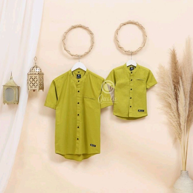 BENA.STORE Qurlu - Kemeja Koko Dewasa/Anak warna HIJAU LEMON (baju couple ayah dan anak laki-laki Ba