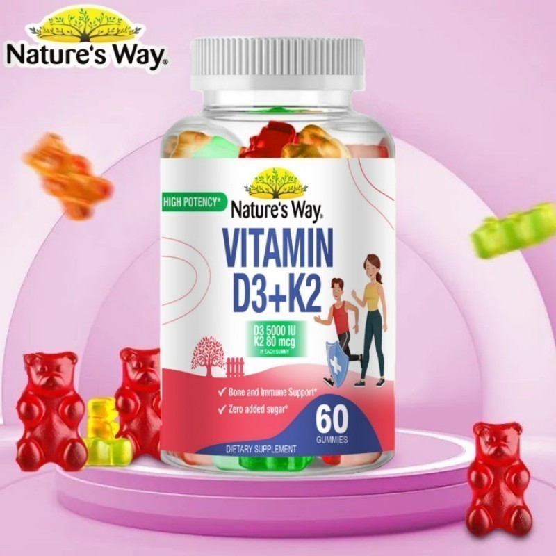 Natures Way Sugar-Free Vitamin D3 K2 Gummies 5000 IU - Dukungan Kekebalan & Tulang - Suplemen Vitami