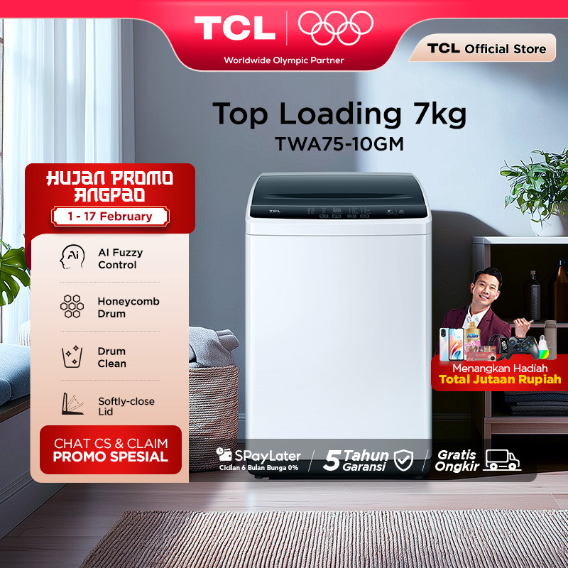 TCL Mesin Cuci 1 Tabung - Top Loading 7 KG - Honeycomb Crystal Drum - Auto Cleaning - Eight Wash Pro