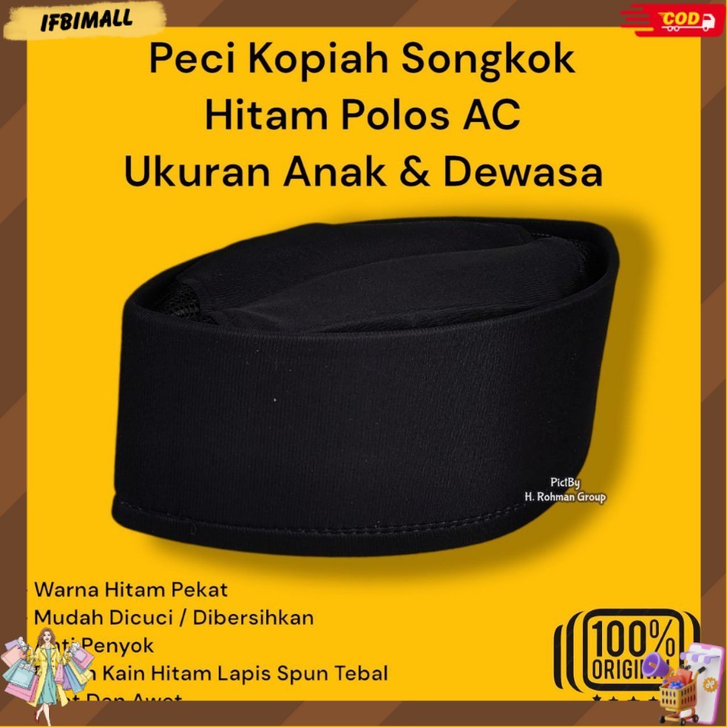 Peci Kopiah Hitam Polos Ac Bahan Kain Hitam Lapis Spon Tebal Halus