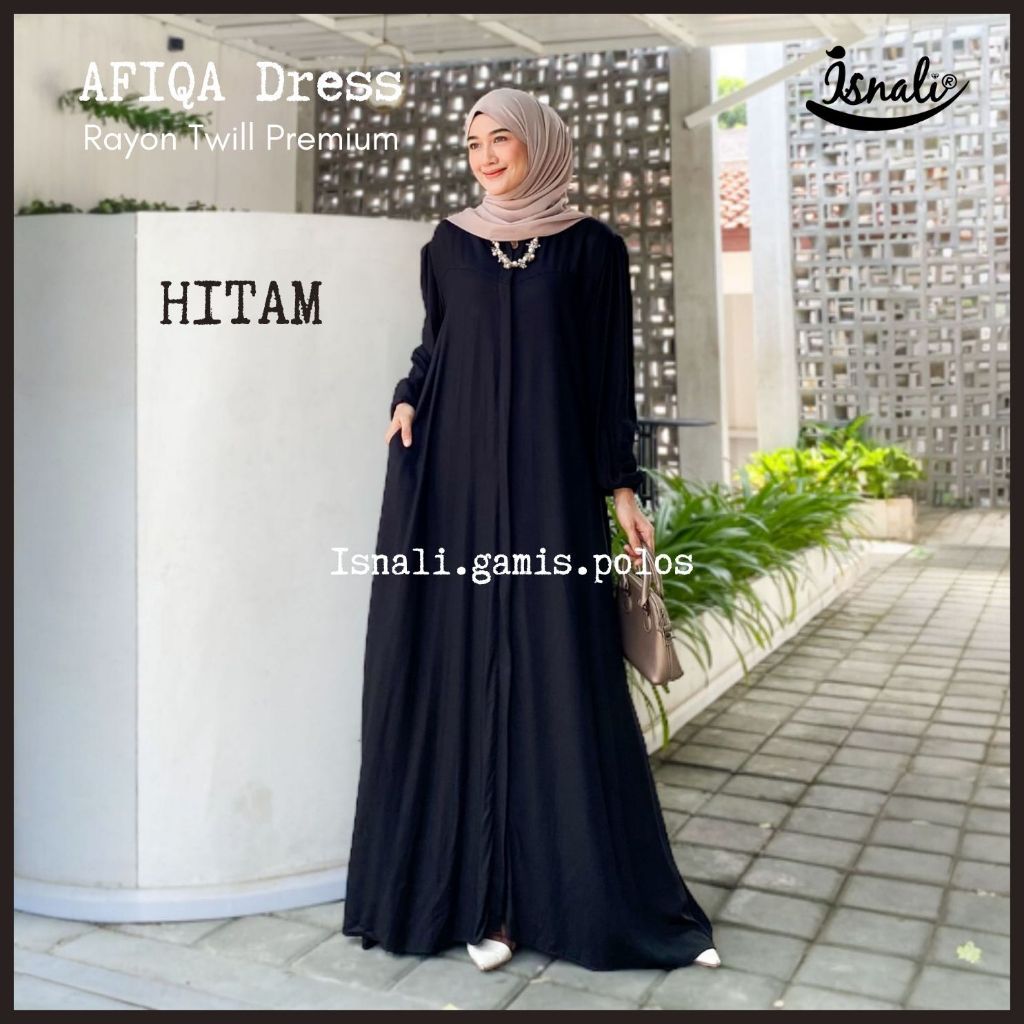 Gamis AFIQA Polos Hitam Premium by Isnali Rayon Twill Original untuk Umroh & Lebaran 2025