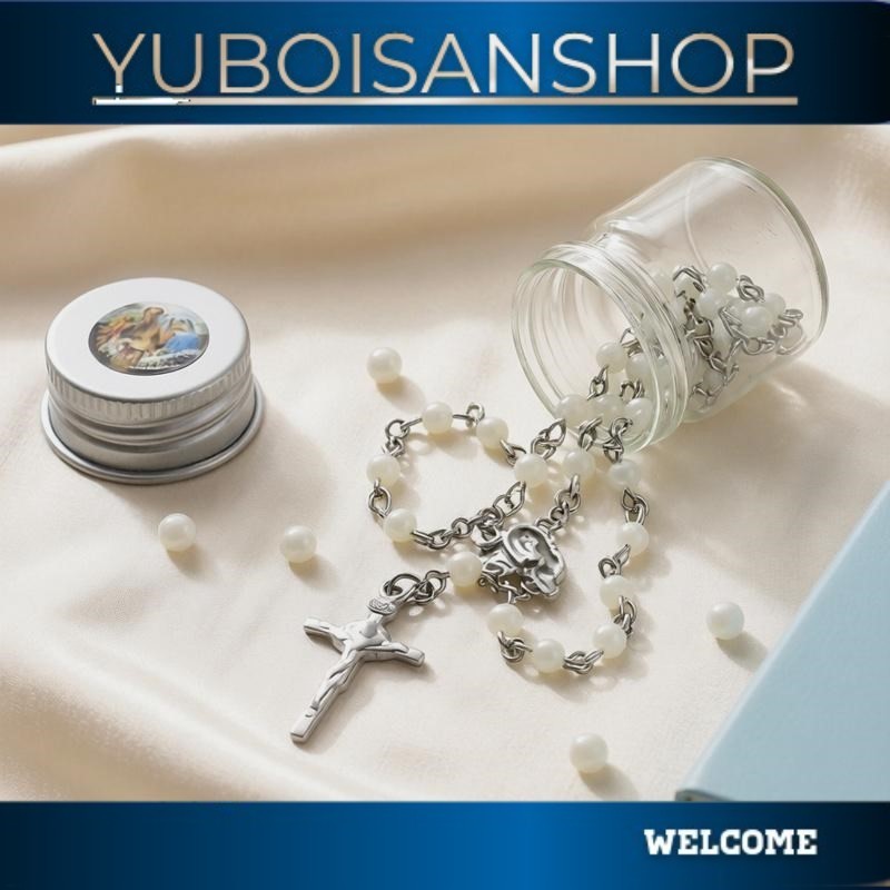 terlarisss Kalung Rosario Katolik Kecil Mini Manik 4mm Mutiara Putih Botol Kaca Grosir Unik Aksesori