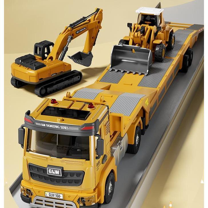 Mainan Truk Trailer Pengangkut Excavator Anak Mobil Truck Gandeng Self Loader Konstruksi Plastik Bes