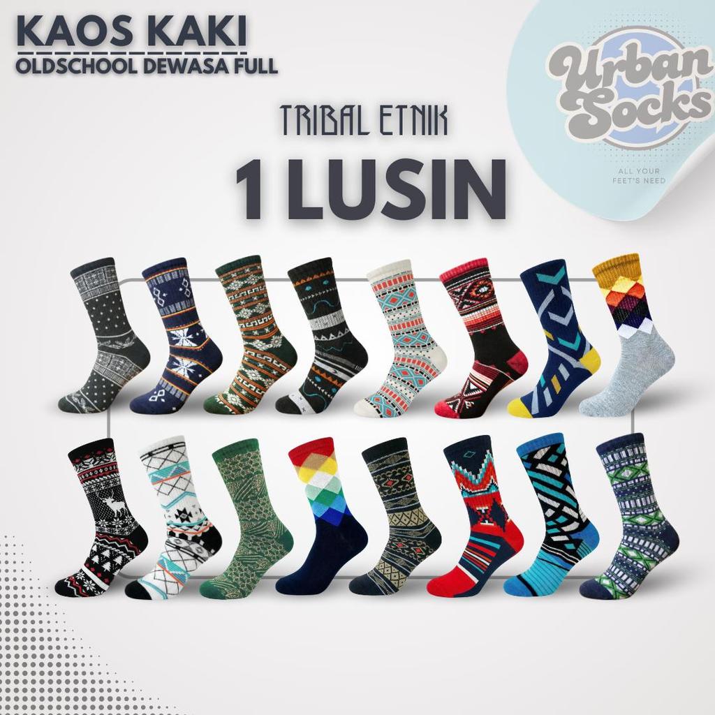 URBANSOCK - [ LUSINAN ] Kaos Kaki Oldschool Motif Tribal Etnik - Panjang Sebetis Dewasa - Unisex