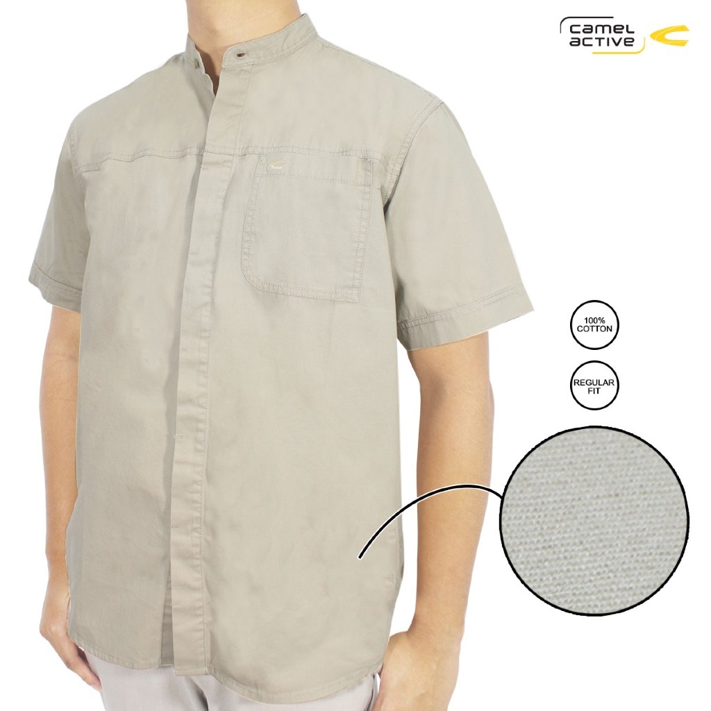 camel active Men's Khaki Cotton Barka Henley Short Sleeve Shirt- Kemeja Koko