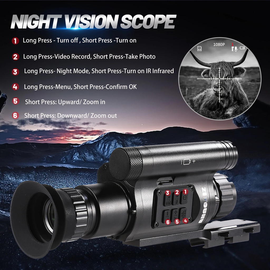 ZIYOUHU NV075 Night Vision Camera 1080P HD Video Clip-on gital Monocular with Crosshair for Camping 