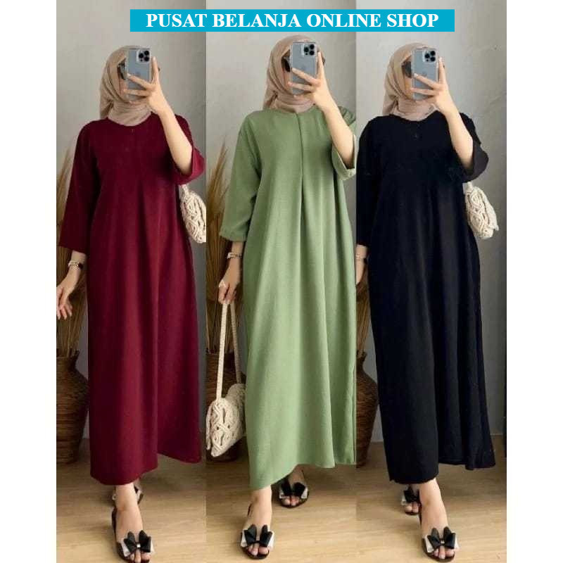 Daster Gamis Crinkle Polos Kekinian Lengan Tangan 3/4 Panjang Semata Kaki Busui Jumbo LD 120