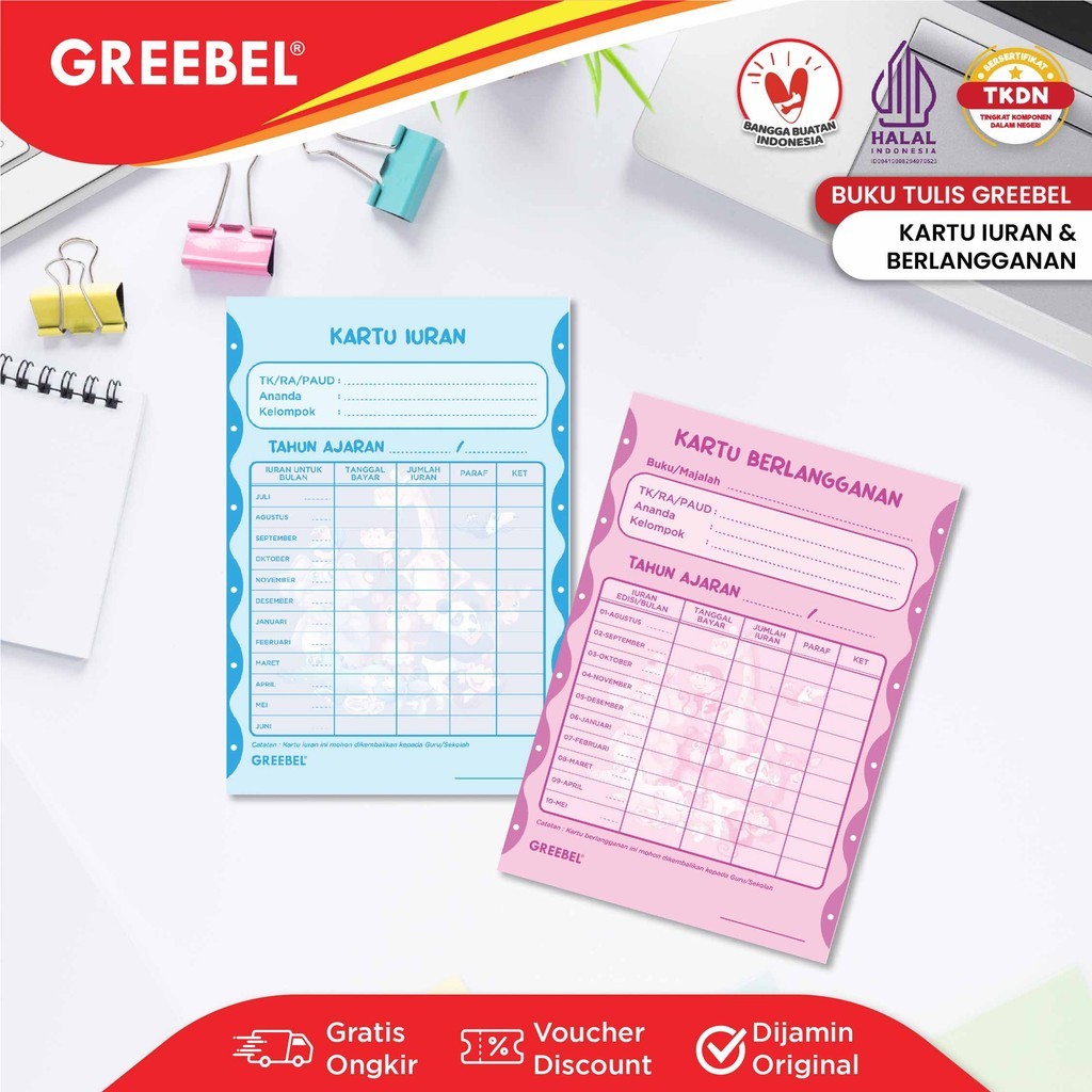 GREEBEL Kartu Iuran 1 Lembar Kartu SPP Kartu Iuran Anak Sekolah