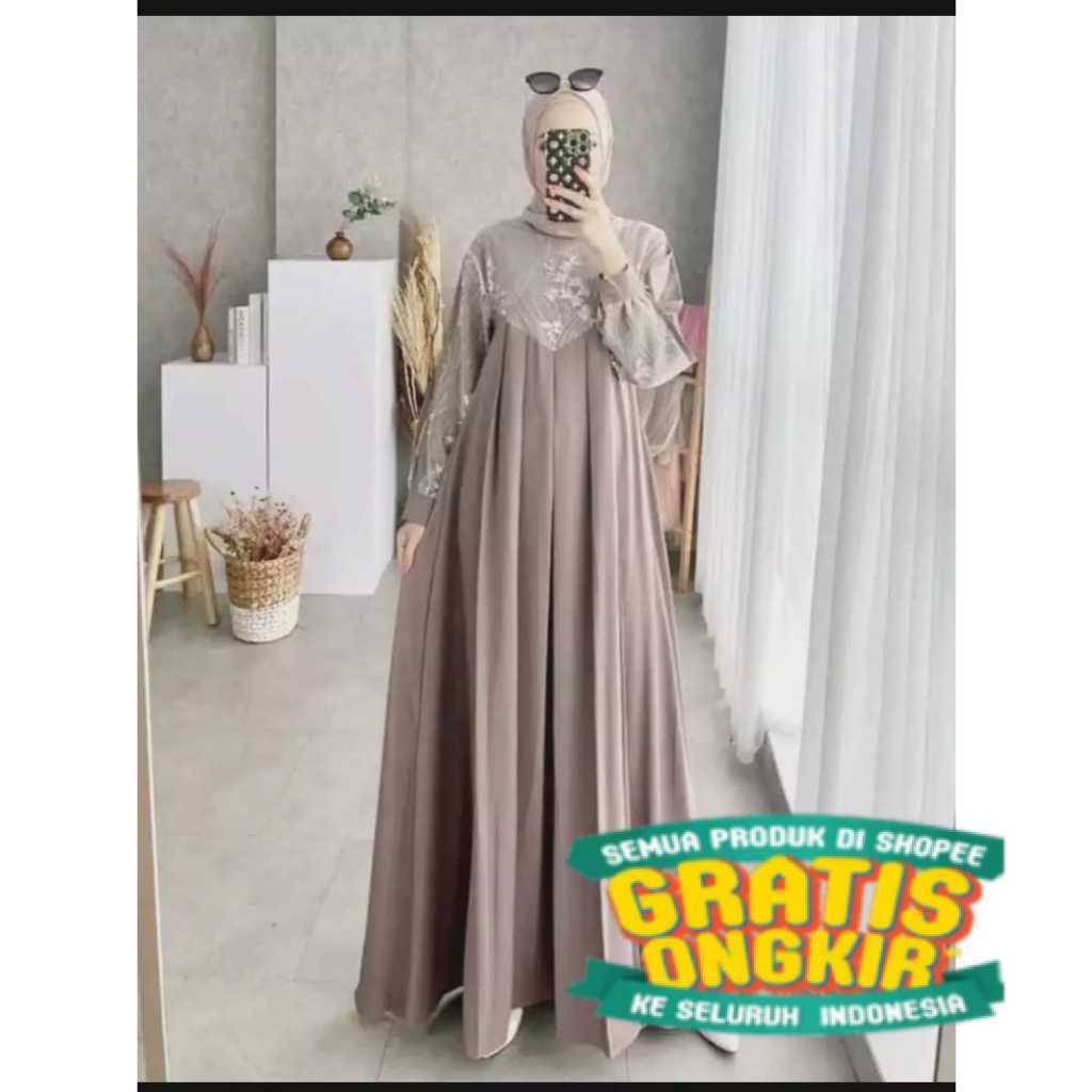 Gamis Lebaran Wanita Ameena Bahan Ceruti Babydool Mix Brukat Dress Lebaran/Kondangan Gamis Import/ p