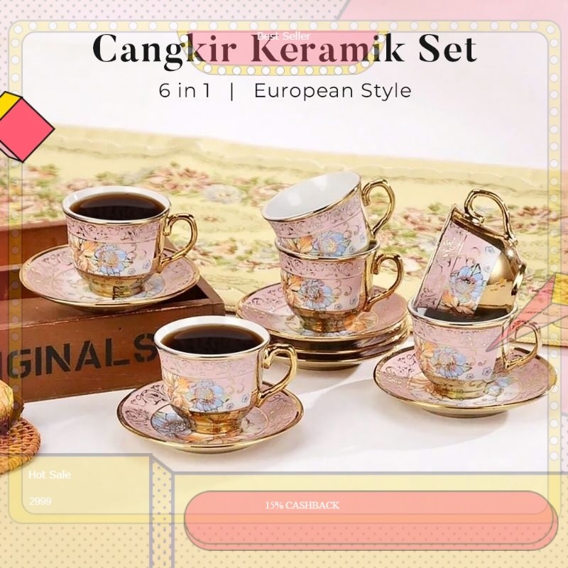 Cangkir Teko Keramik Piring Lepek Tatakan Kecil Mini Set 6 in 1 Tea Cup Teh Kopi Minum Dapur Hampers