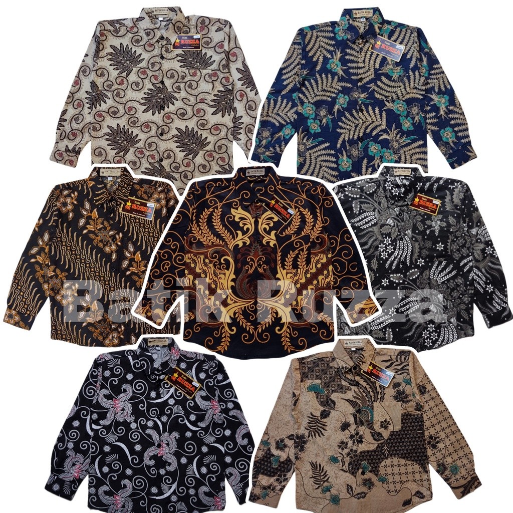 RUZZA Batik Anak Lengan Panjang Ukuran 3-15 Tahun Kemeja Motif Manggar Hijau Daun Baju Laki laki Cow