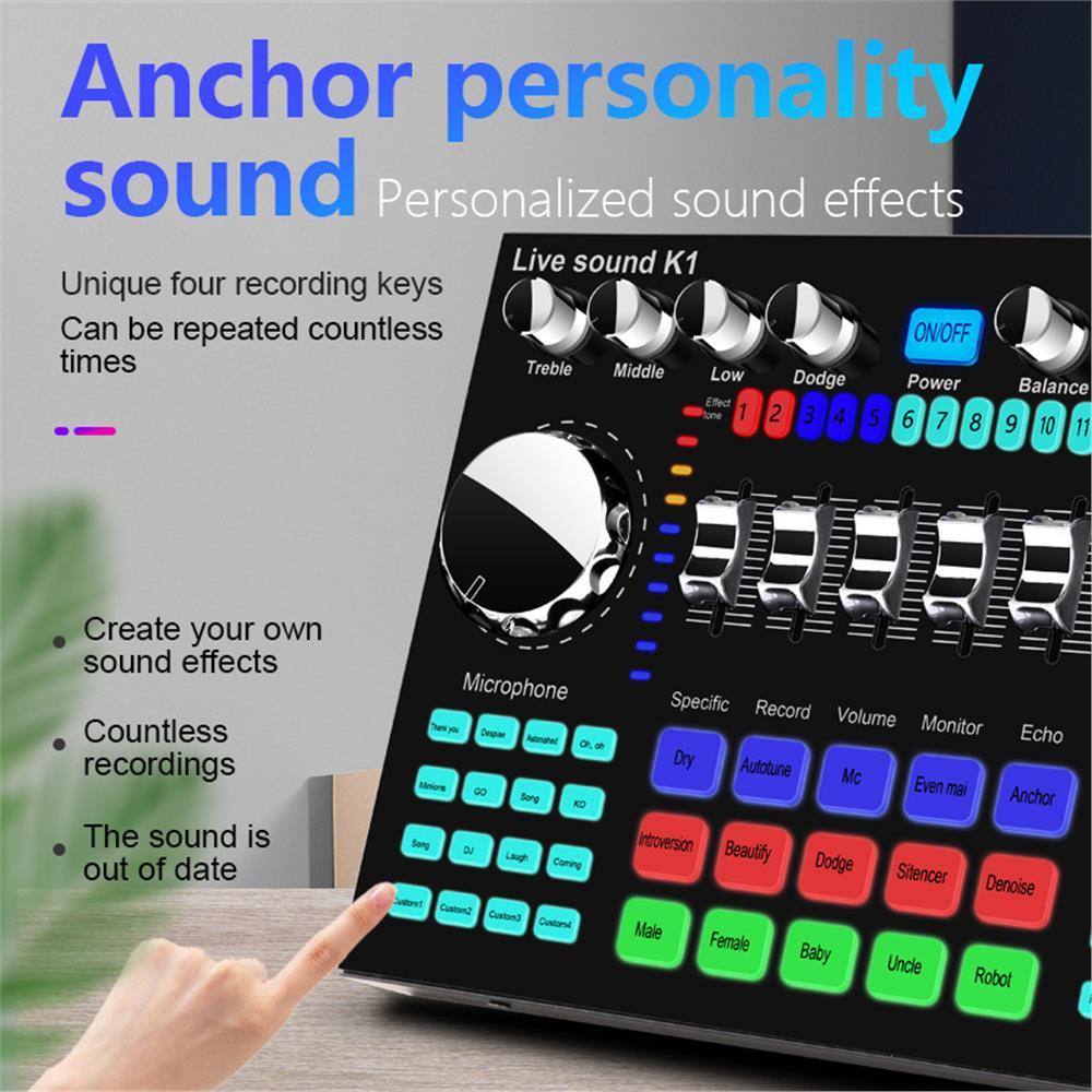 * K1 Live Sound Card Voice Changer Karaoke  Auo Mixer for Broadcast Recorng KTV Music Auo Multifunct
