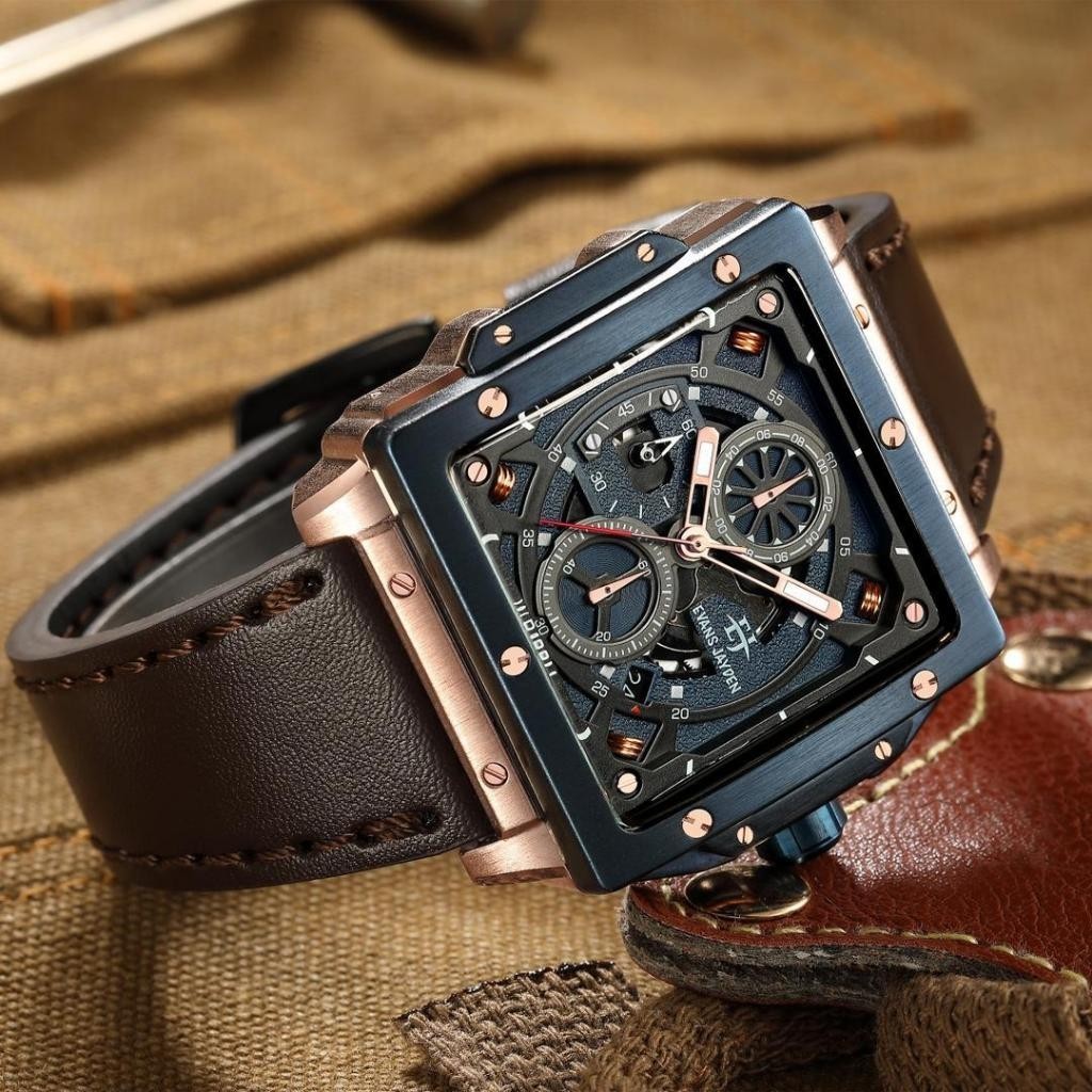 Jam Tangan Pria Evans Jayden 9582 Kulit Kaca Sapphire Chronograph Water Resistant 10 ATM