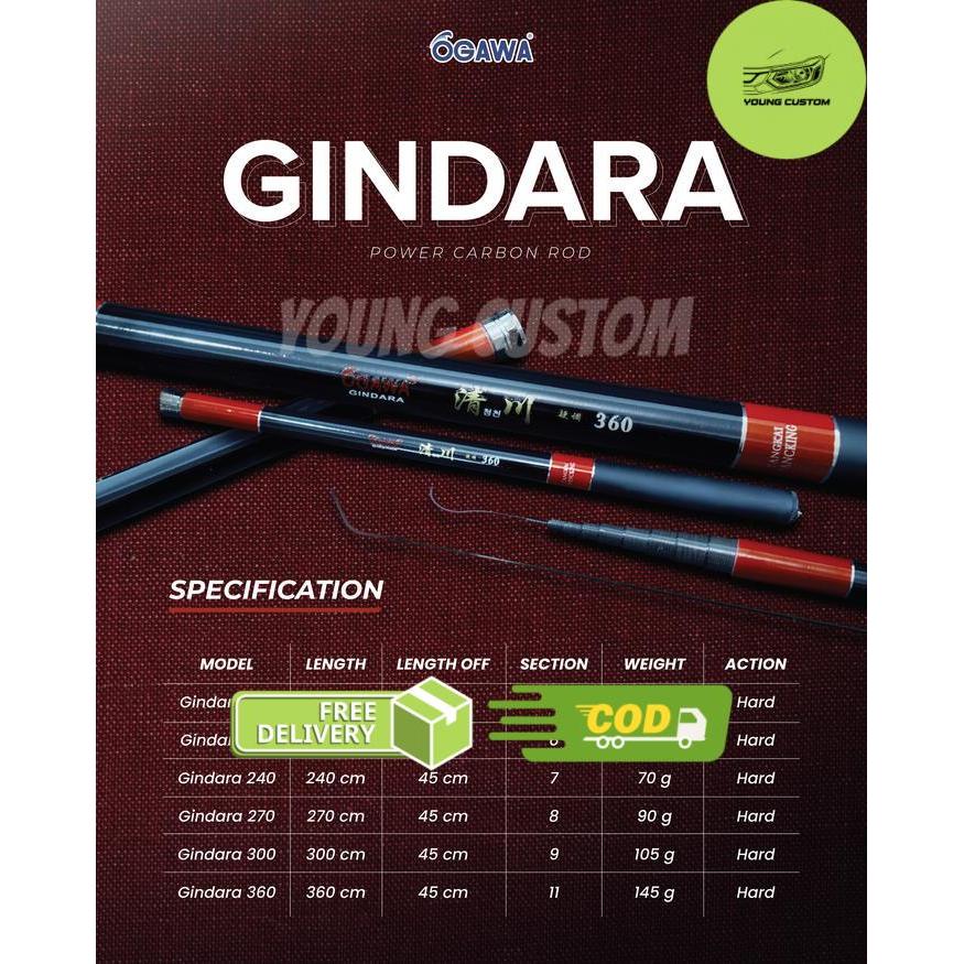 Ogawa Joran Tegek Gindara 180-360 cm Kaku Hard Power Carbon Rod dengan Berbagai Pilihan Panjang - 18