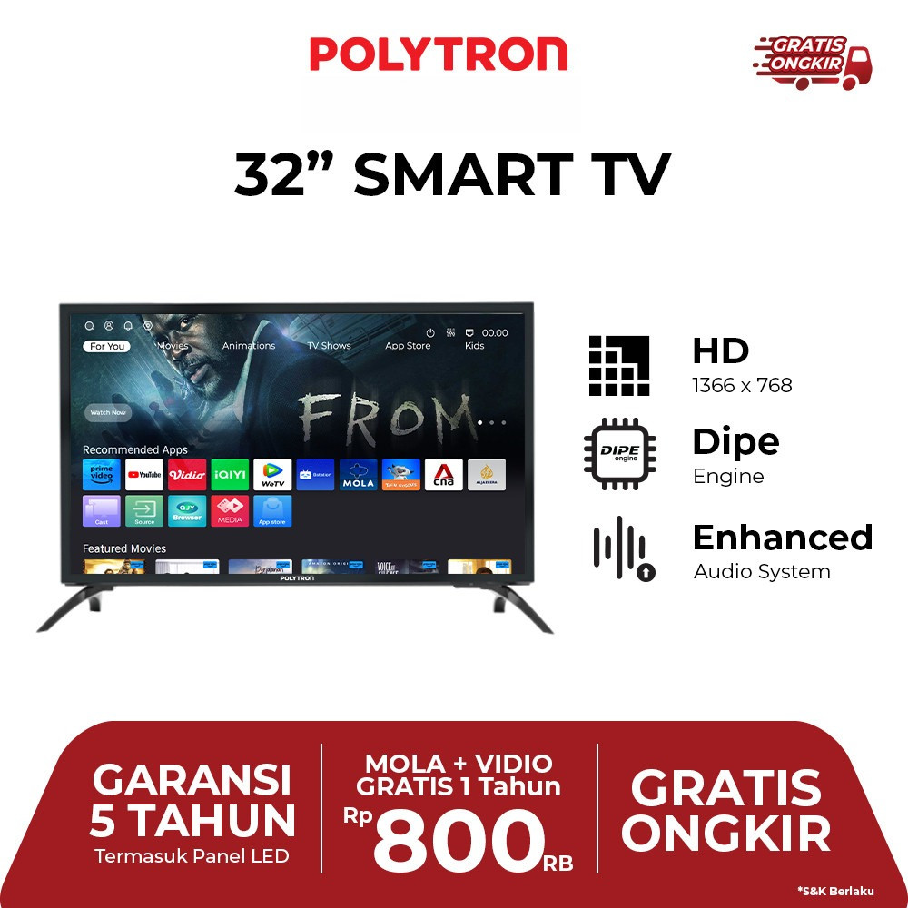Polytron PLD-32CV1869 32 Inch Smart TV HD WiFi Digital Tanpa STB YouTube Garansi Resmi