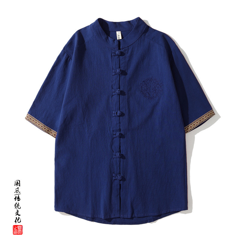 Kemeja pria lengan pendek gaya Cina baru berkualitas tinggi Kemeja setelan Zhongshan, setelan Tang b