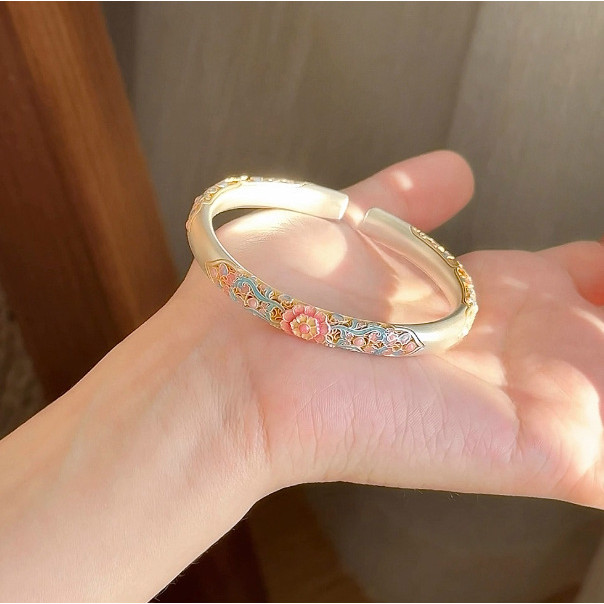 Bunga begonia perak murni9999Gelang terbuka berongga dengan lapisan enamel berwarna emas