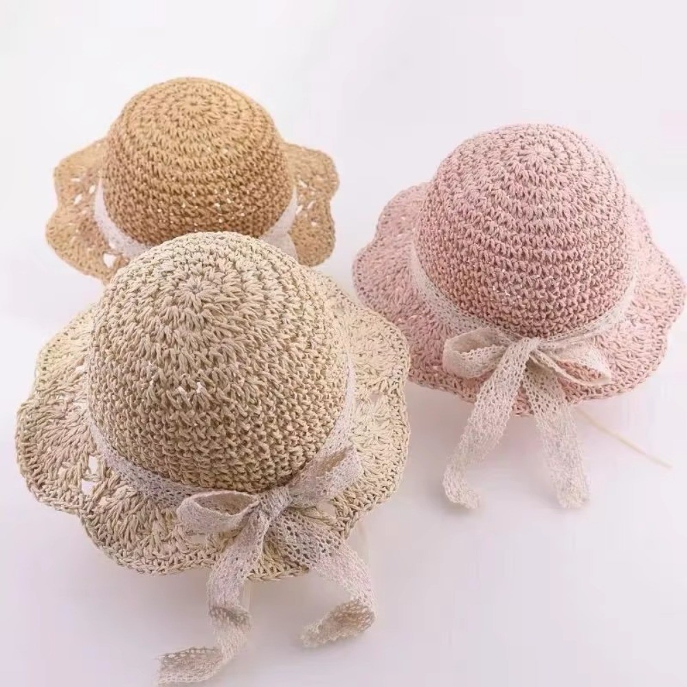 New Lace Summer Straw Hat Foldable Breathable Bea Sun Hat Sun Protection Wide Brim Sunscreen Hat Kid