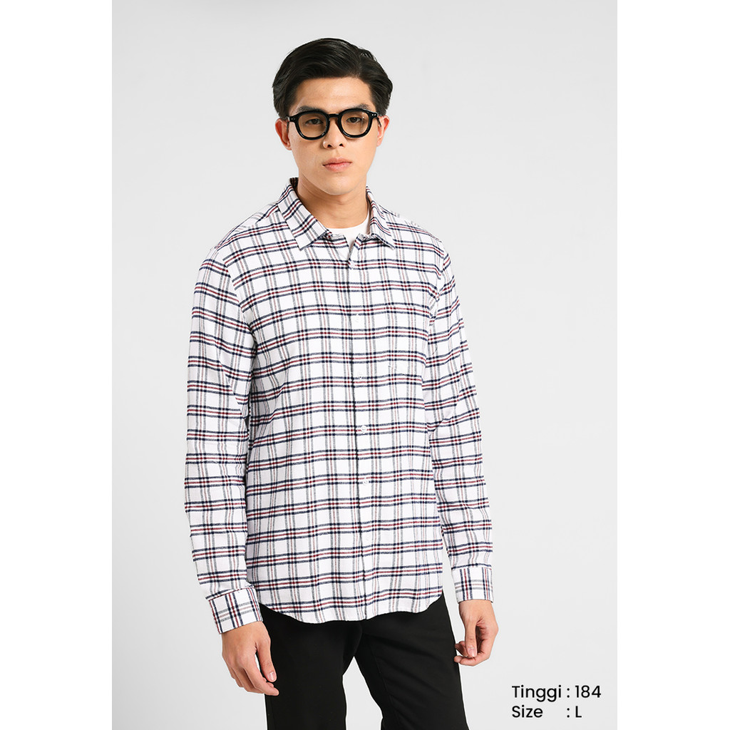 MANZONE - Kemeja Kotak-Kotak Lengan Panjang Pria Kaysen 01 Modern Fit - White