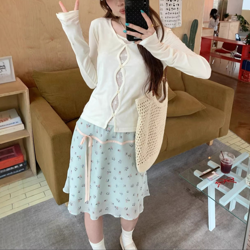 [PickMe Shop] Setelan dua potong rok midi motif bunga warna hijau mint dengan hiasan renda dan atasa