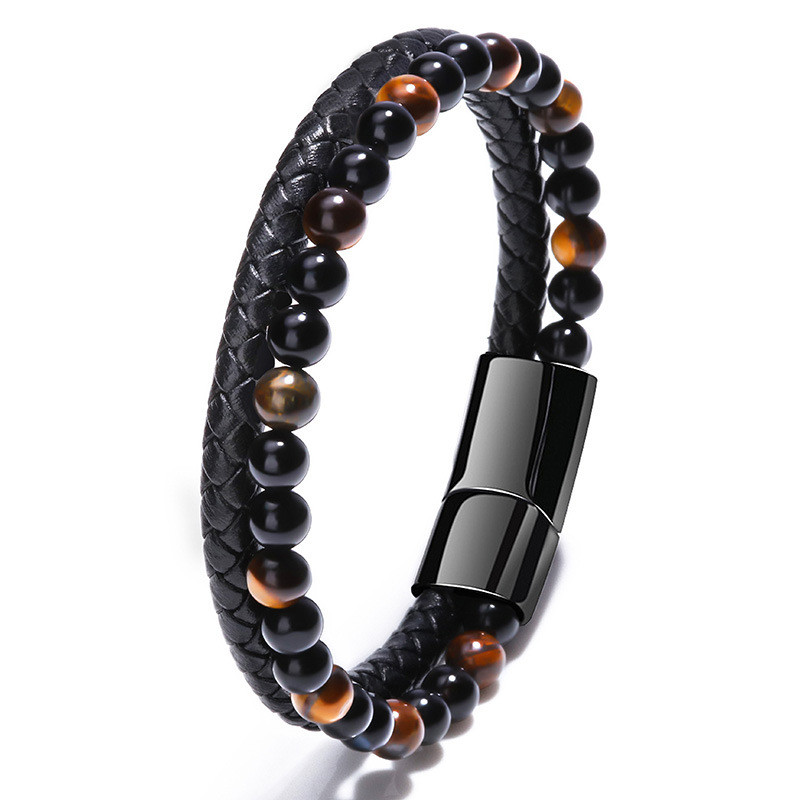 Gelang pria dengan pengait magnet dan tali kulit anyaman.