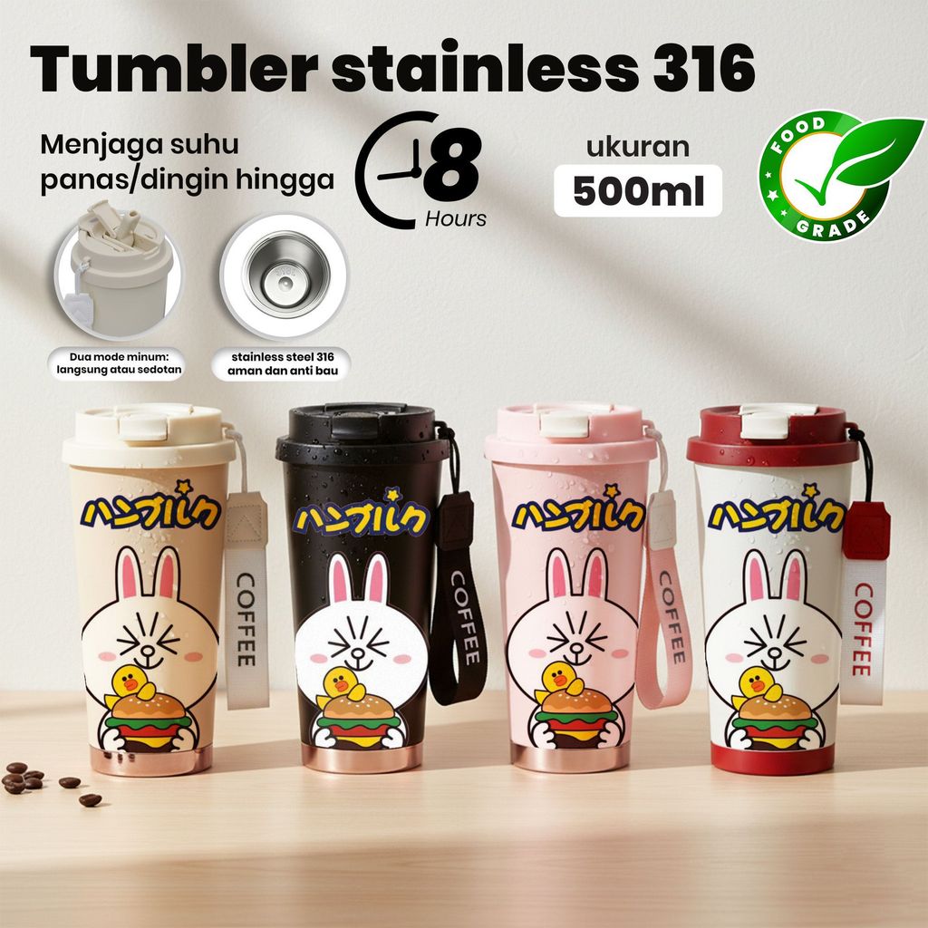 Tumbler Stainless Steel 304 Kapasitas 500ml Desain Kelinci Imut Tahan Suhu Hingga 8 Jam Dengan Tutup