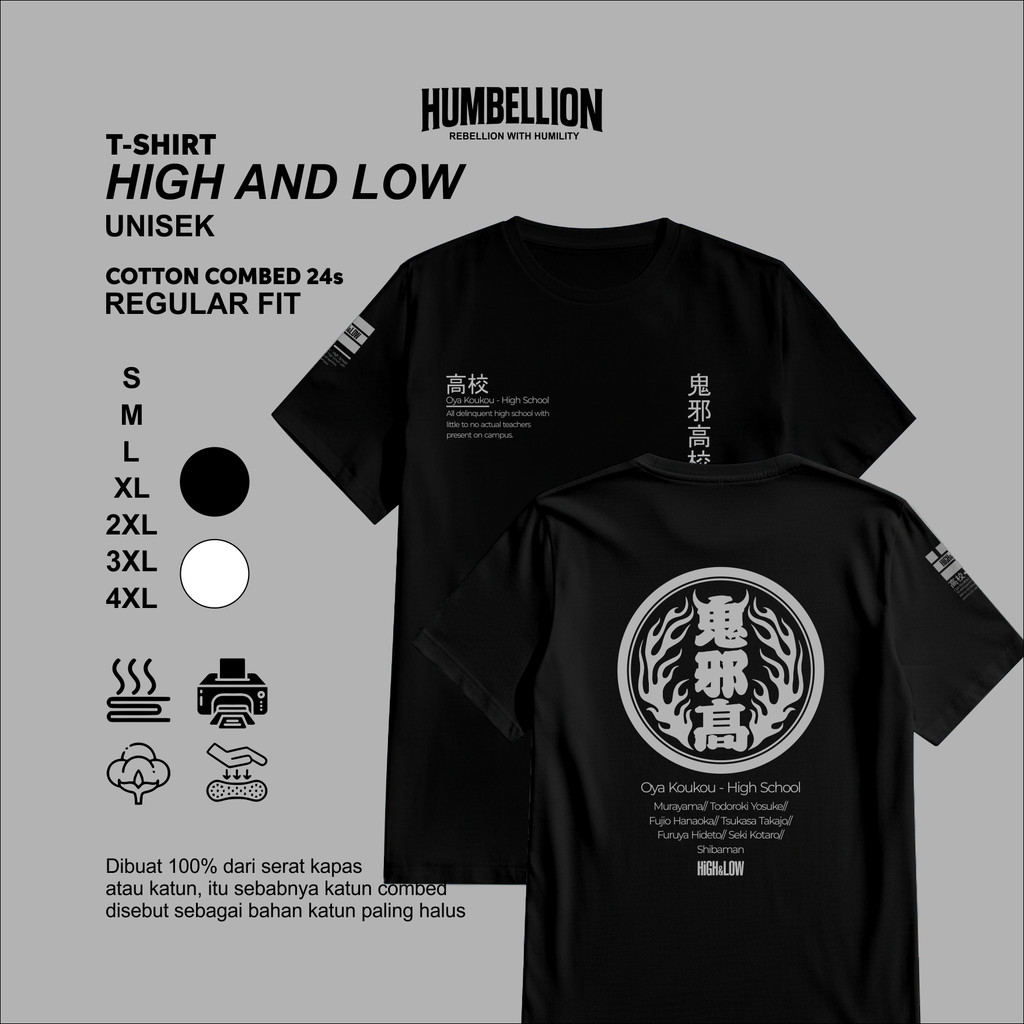 Kaos High And Low Geng Jepang Oya Gakusei Oya Kohkoh Sword TShirt Cotton Combed Distro Pria Wanita