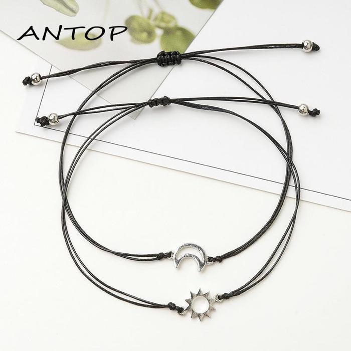 2Pcs Gelang Couple Hitam Pasangan Adjustable Bulan Dan Matahari Gelang