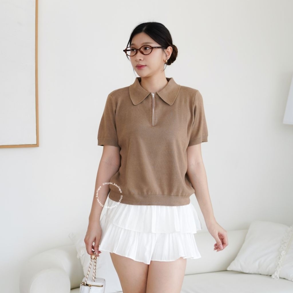 Giana Knit Tops Baju Wanita Atasan Rajut Katun Tangan Pendek Resleting Kerah Halus Adem Tebal