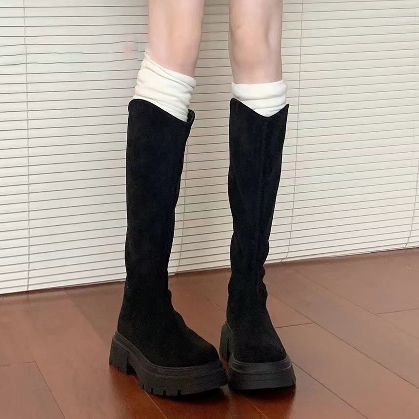 2025New Thick-Soled High Tube Boots for Women, Slimming Effect, New Chinese Style Suede Stretch Long