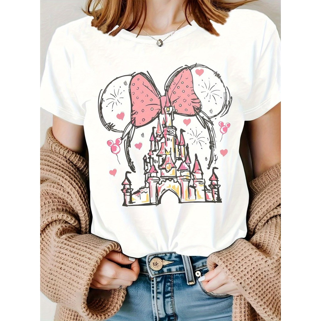 Kemeja Cinta Disney Minnie Mouse, Kemeja Taman Disney, Kemeja Cetak Kastil Disney Lengan Pendek Kain