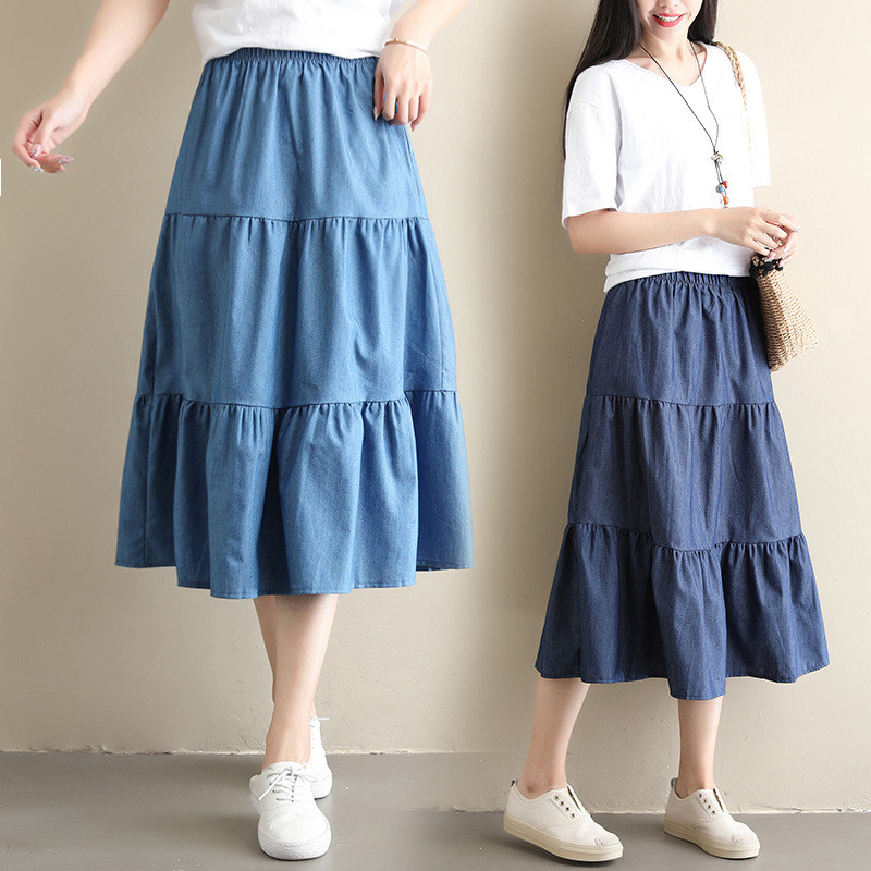 Rok Kue Patchwork Gaya Baru Rok Denim Panjang Rok Setengah Rok Lipit Rok Payung