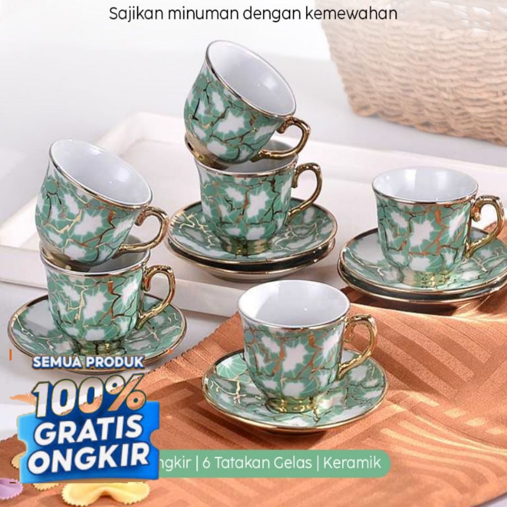Tatakan Mini Set 6 in 1 Piring Lepek 12PCS CUPS Cangkir Teko Keramik Alat Saji Teh Kopi Dapur Hamper