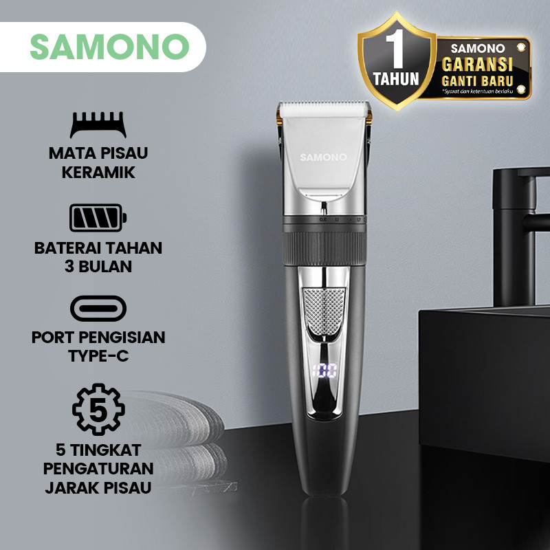SAMONO Pencukur Rambut Elektrik SW-HCT20 Pisau Keramik Aman 5 Pengaturan 0.8–2.0mm LED Display Bater
