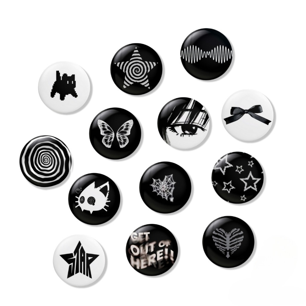 Pin Button 44mm Aesthetic Black White Y2K Cute Deco – Pin Bros Retro Punk Alt Indie untuk Tas Jaket 
