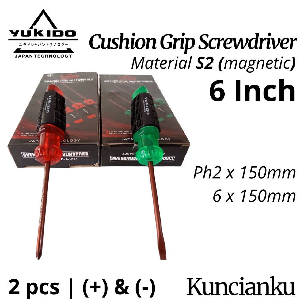 Yukido Obeng Gagang Karet plus dan min ,  Obeng Magnetic Baja S2 ph2 x 150 , obeng gagang karet 6x15