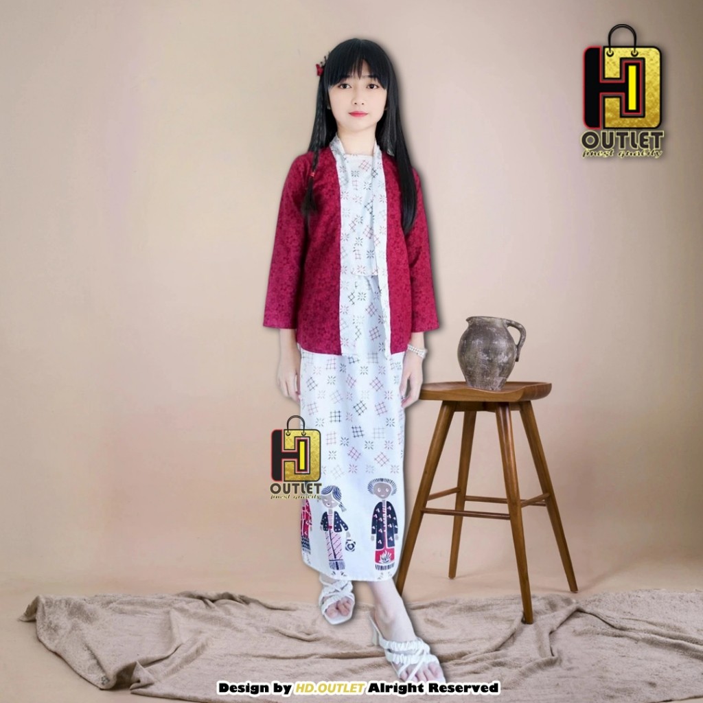 BENA.STORE ETNICE Kebaya Kutu Baru Anak Perempuan Set Kebaya Murah Modern SETELAN KEBAYA ANAK MERAH 