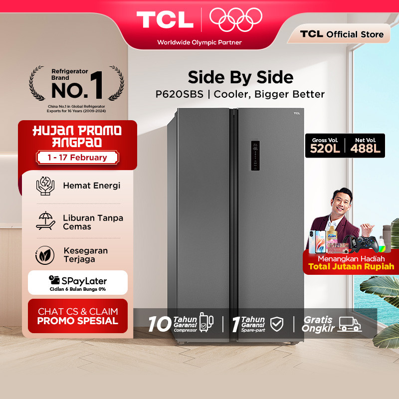 TCL Kulkas 2 Pintu Side by Side - Kapasitas 520L - Holiday Mode - Twin Eco Inverter - AAT Gen 2 Natu