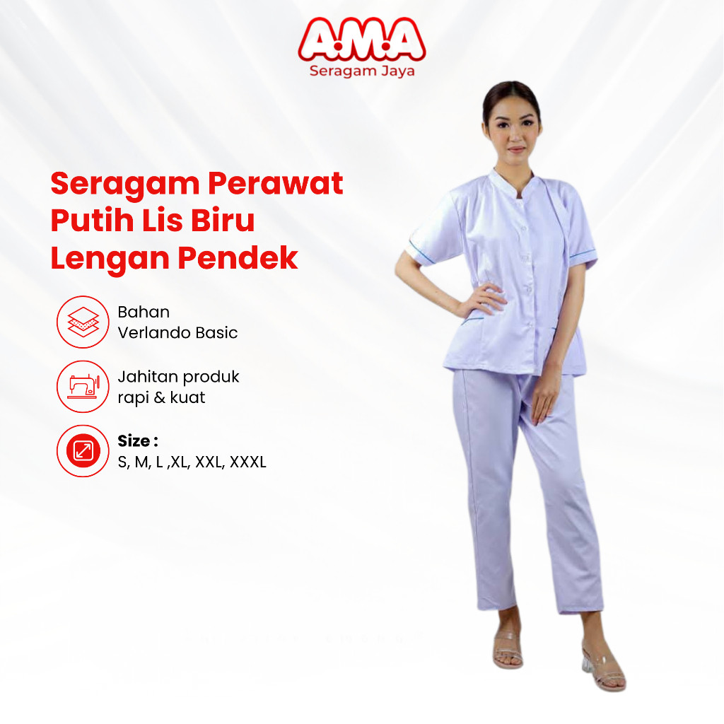 Baju Perawat Wanita Putih Lis Biru Seragam Oka Jaga Dinas Medis Lengan Pendek Adem Verlando Basic