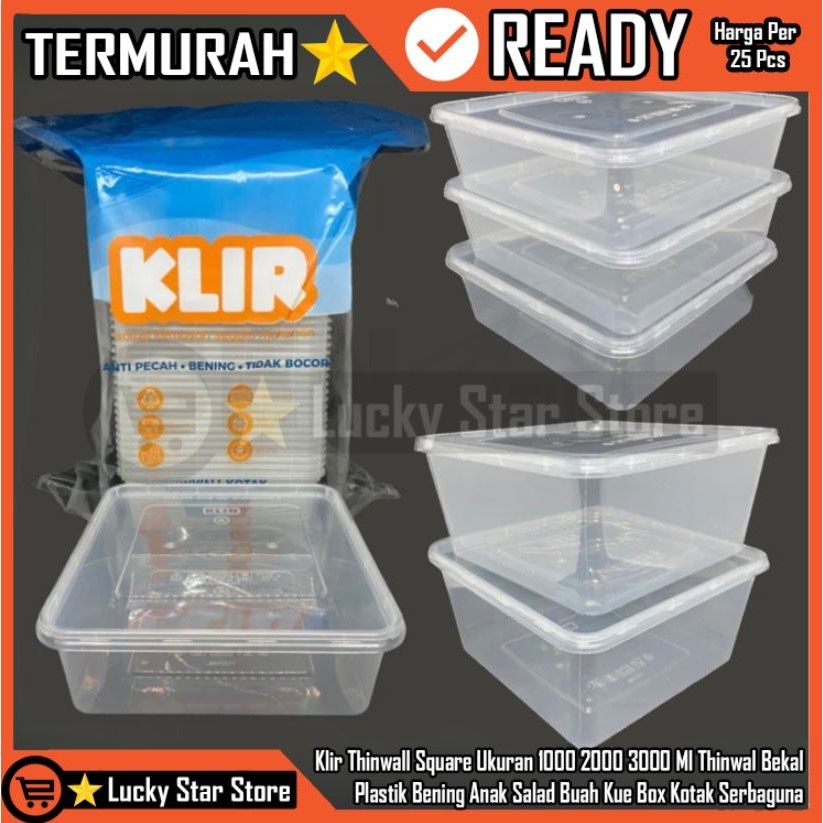Klir Thinwall Square 1000 1500 2000 3000 Ml Box Kue Salad Buah Kotak Makan Plastik Bening Besar Anti