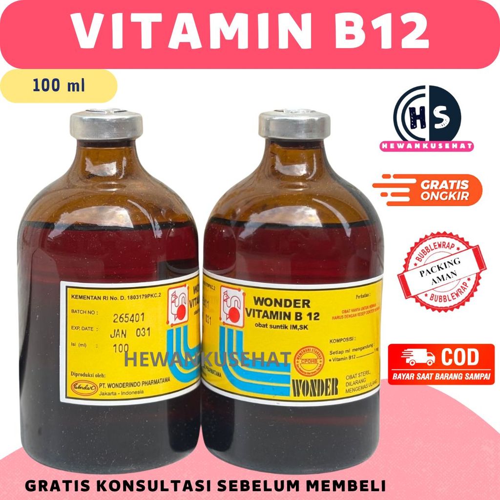 Wonder Vitamin B12 100 ML - Vitamin B12 Anemia & Gangguan Pertumbuhan Hewan Ternak Wonder