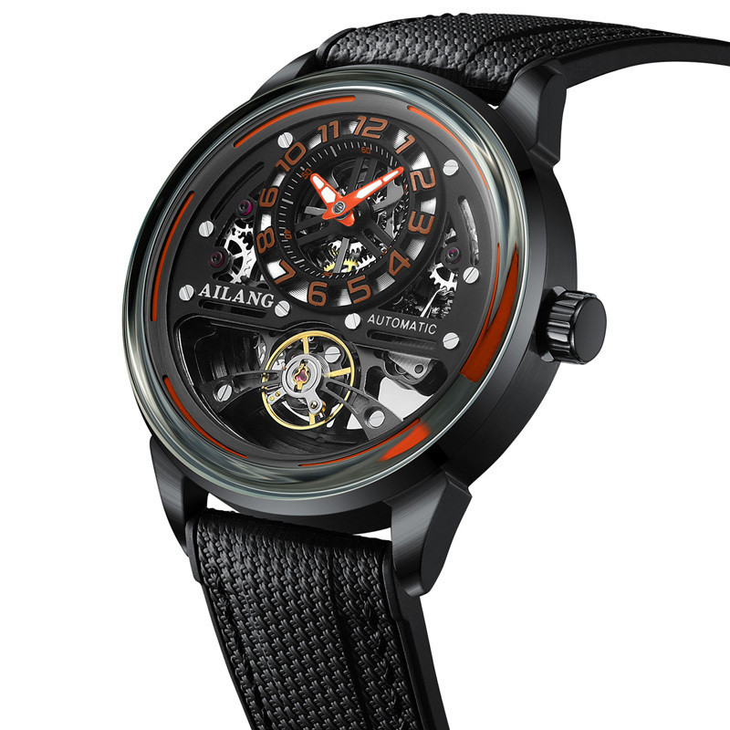 AILANG Black Tourbillon Meanical Men's Wat Skeleton Automatic Wat For Men Waterproof Male Hand Clock